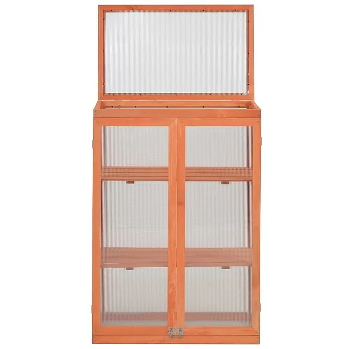Furnicato Gewächshaus - 75 x 47 cm, Material Seitenwand: Holz, 38 mm, Grau - Hölzerner Gewächshausschrank mit transparenten Platten, offenem Deckel und Doppeltüren, der zwei Regalböden zeigt.