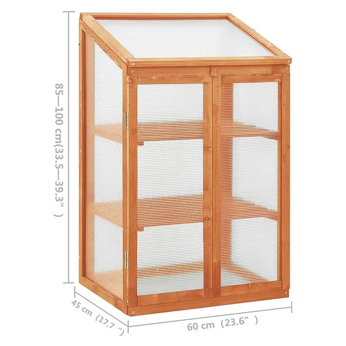 Furnicato Gewächshaus - 60 x 45 cm, Material Seitenwand: Holz, 38 mm, orange - Kleines Holzgewächshaus mit transparenten Paneelen, 60x45x85-100 cm, für Pflanzen.