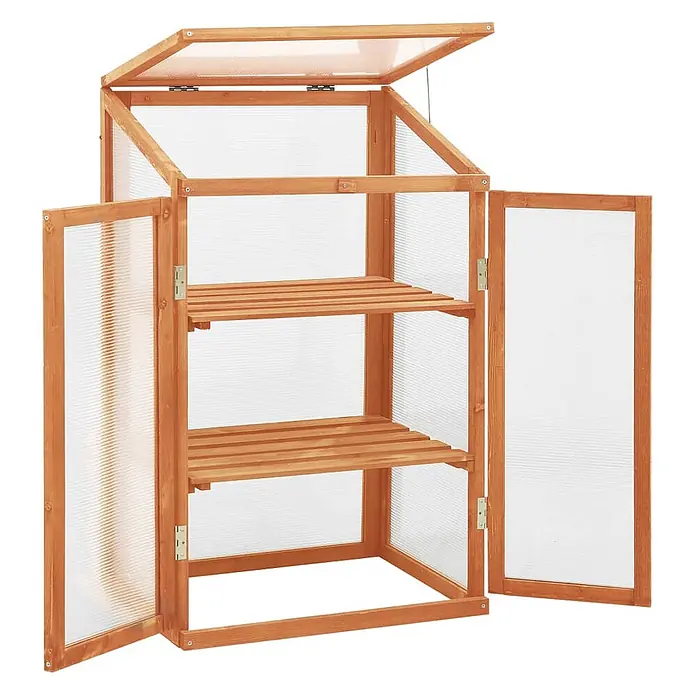 Furnicato Gewächshaus - 60 x 45 cm, Material Seitenwand: Holz, 38 mm, orange - Hellbraunes Holz-Minigewächshaus mit durchsichtigen Paneelen, offenem Dach und zwei offenen Türen sowie zwei Holzregalen.