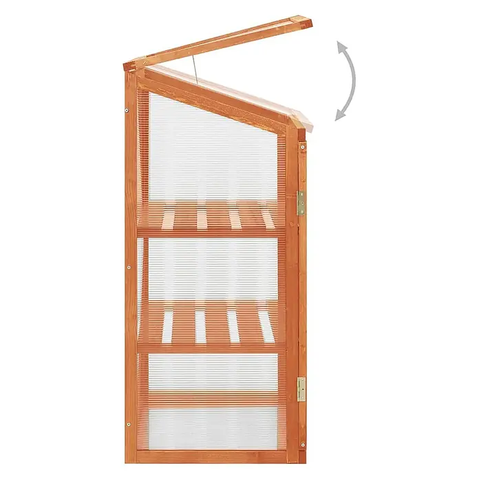 Furnicato Gewächshaus - 60 x 45 cm, Material Seitenwand: Holz, 38 mm, orange - Brauner Gewächsschrank aus Holz mit transparenten Wellplatten und Innenregalen, dessen aufklappbarer Deckel geöffnet ist.