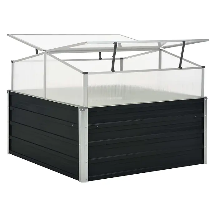 Furnicato Gewächshaus - Außenmaß inkl. Dachüberstand (B x T): 100 x 100 cm, Material Seitenwand: Stahl, anthrazit - Schwarzes Metall-Hochbeet mit geöffnetem transparentem Polycarbonat-Frühbeet-Aufsatz.