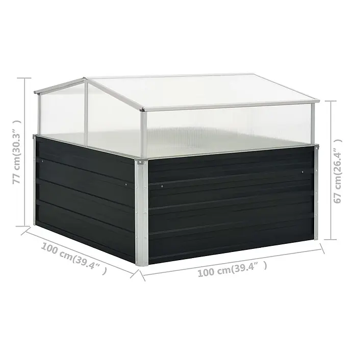 Furnicato Gewächshaus - Außenmaß inkl. Dachüberstand (B x T): 100 x 100 cm, Material Seitenwand: Stahl, anthrazit - Schwarzes Hochbeet aus Metall mit durchsichtiger, schräger Polycarbonat-Gewächshausabdeckung für Pflanzenschutz.
