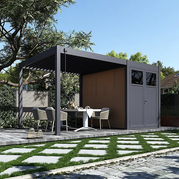 Weide Gartenhaus-Anbau Aluminium & WPC Anbau-Gartenhaus für Weide Pergola 3 x 2 M Anthrazit/Teak - Außenmaß inkl. Dachüberstand (B x T): 200 x 300 cm, Aluminium, Anthrazit & Teak - Dunkelgraue Pergola mit Lamellendach und integriertem Geräteschuppen mit Holzverkleidung, auf einer Holzterrasse.