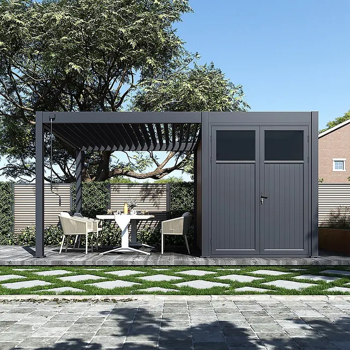 Weide Gartenhaus-Anbau Aluminium & WPC Anbau-Gartenhaus für Weide Pergola 3 x 2 M Anthrazit/Teak - Außenmaß inkl. Dachüberstand (B x T): 200 x 300 cm, Aluminium, Anthrazit & Teak - Dunkelgraue Aluminium-Pergola mit integriertem Geräteschuppen im Garten. Mit Lamellendach und Essbereich.