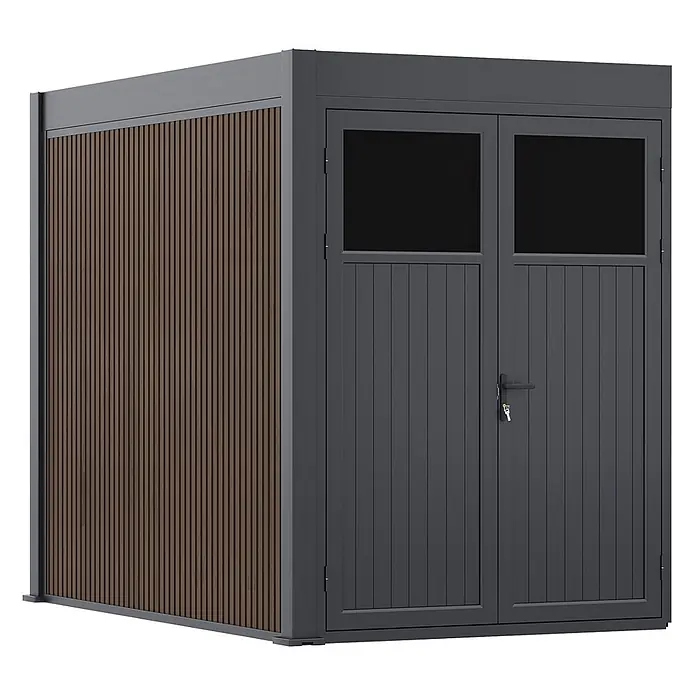 Weide Gartenhaus-Anbau Aluminium & WPC Anbau-Gartenhaus für Weide Pergola 3 x 2 M Anthrazit/Teak - Außenmaß inkl. Dachüberstand (B x T): 200 x 300 cm, Aluminium, Anthrazit & Teak - Moderner dunkelgrauer Metallschuppen mit brauner Lamellenwand, Doppeltüren, Fenstern und Schloss.