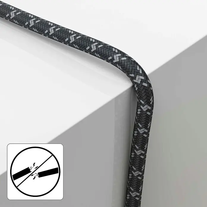 Hama Koax-Stecker 00205070 Koax-Stecker - Koax-Kupplung 120 dB - Schwarz, Grau - Dunkelgraues geflochtenes Kabel mit hellgrauem Muster, das sein bruchfestes Design hervorhebt.