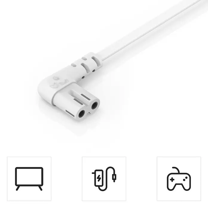 Hama Netzkabel 00223281 beidseitig gewinkelt Euro-Stecker Doppelnut/C7 - Weiß, Länge: 1,5 m - Weißes Netzkabel mit angewinkeltem C7 (Euro-8) Stecker.
