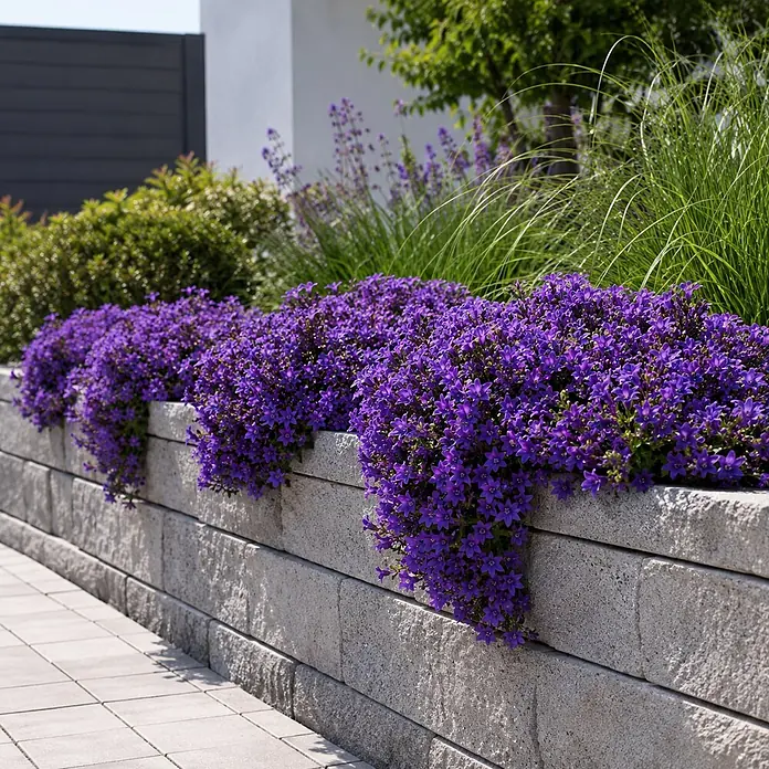 Piardino Glockenblume Ambella Purple - Campanula portenschlagiana - Helle graue Beton-Stützmauerblöcke bilden ein Hochbeet, lebendig mit kaskadierenden violetten Glockenblumen.
