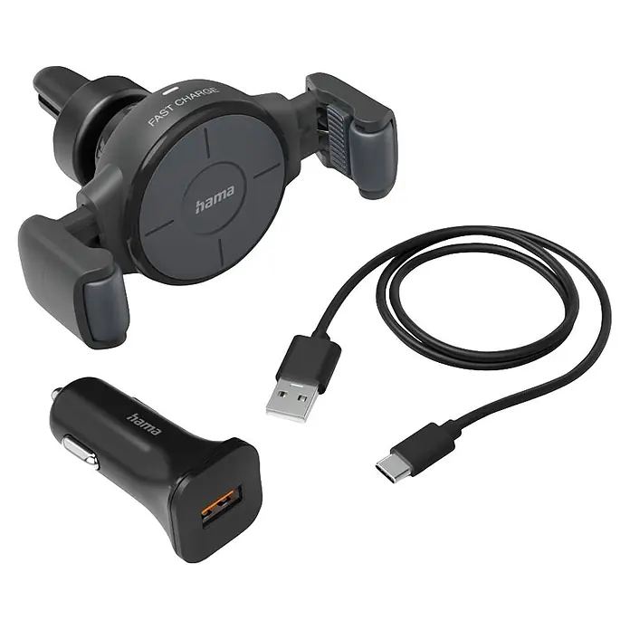 Hama Handyhalter 00201677 "FC10 Flex-Set" 10 W kabellos QI-Charge - Anthrazit - Schwarze Kfz-Halterung mit Schnellladefunktion, Kfz-Ladegerät und USB-A-auf-USB-C-Kabel für Mobilgeräte.