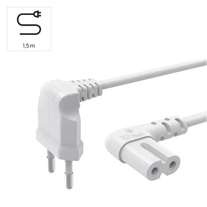 Hama Netzkabel 00223281 beidseitig gewinkelt Euro-Stecker Doppelnut/C7 - Weiß, Länge: 1,5 m - Weißes, abgewinkeltes 1,5m Stromkabel mit Eurostecker und C7-Kupplung.