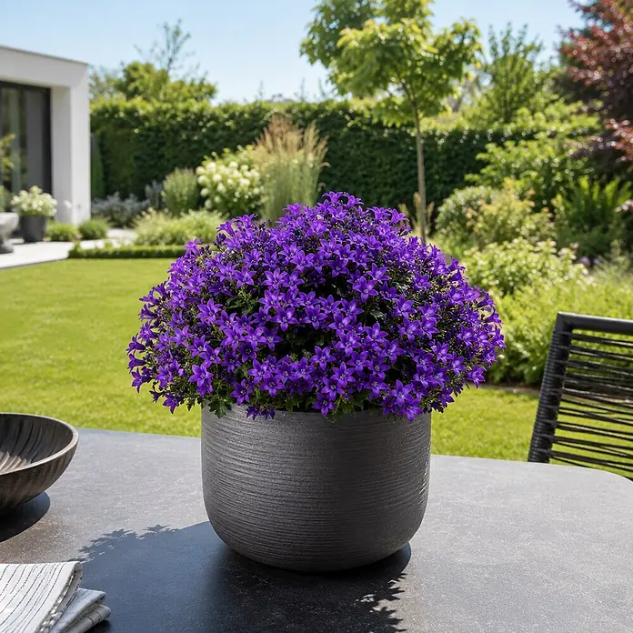 Piardino Glockenblume Ambella Purple - Campanula portenschlagiana - Leuchtend violette Glockenblumen in einem strukturierten dunkelgrauen Pflanzgefäß auf einem Gartentisch in sonniger Umgebung.
