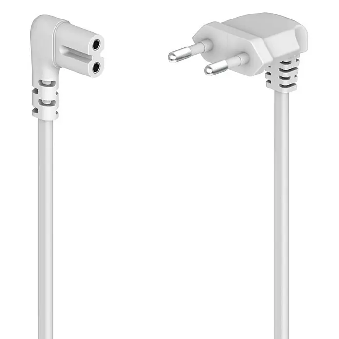 Hama Netzkabel 00223281 beidseitig gewinkelt Euro-Stecker Doppelnut/C7 - Weiß, Länge: 1,5 m - Weißes Netzkabel mit gewinkeltem IEC C7 Stecker und europäischem 2-poligem Eurostecker.