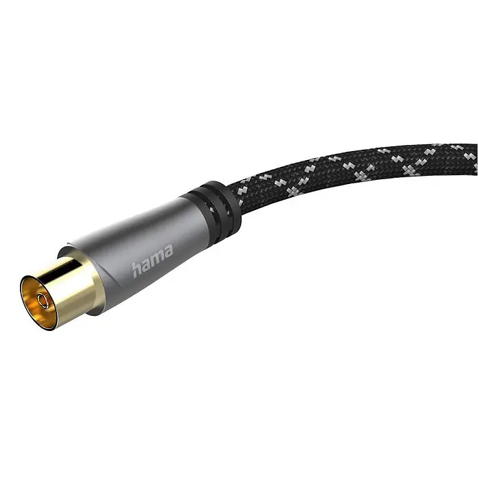 Hama Koax-Stecker 00205070 Koax-Stecker - Koax-Kupplung 120 dB - Schwarz, Grau - Vergoldetes Hama Koaxial-Antennenkabel mit geflochtenem schwarz-weißem Muster.