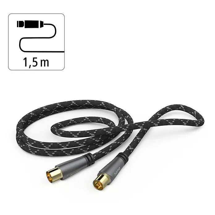 Hama Koax-Stecker 00205070 Koax-Stecker - Koax-Kupplung 120 dB - Schwarz, Grau - Schwarzes geflochtenes 1,5m Antennenkabel mit Metallgehäuse und vergoldeten Koaxialsteckern.