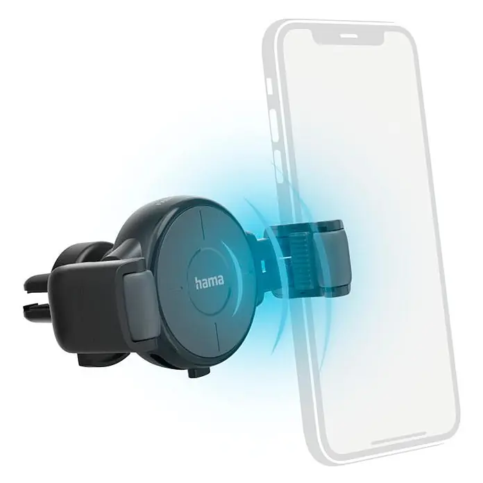 Hama Handyhalter 00201677 "FC10 Flex-Set" 10 W kabellos QI-Charge - Anthrazit - Dunkelgrauer Hama Auto-Smartphonehalter, der einen transparenten Smartphone-Umriss mit blauem interaktivem Leuchten hält.