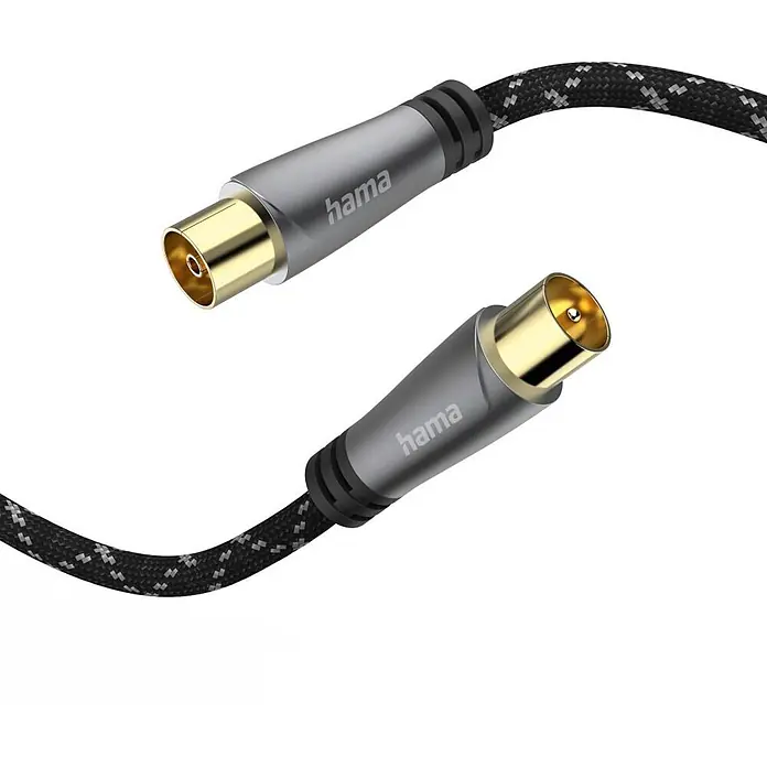 Hama Koax-Stecker 00205070 Koax-Stecker - Koax-Kupplung 120 dB - Schwarz, Grau - Hama Koaxialkabel mit geflochtener schwarz-grauer Abschirmung und zwei grauen, vergoldeten Steckern (Stecker und Buchse).