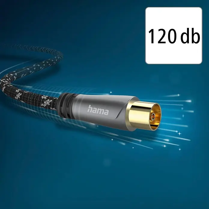 Hama Koax-Stecker 00205070 Koax-Stecker - Koax-Kupplung 120 dB - Schwarz, Grau - Hama 120 dB Koaxialkabel mit schwarz/grauem Geflechtmantel und vergoldetem F-Stecker.