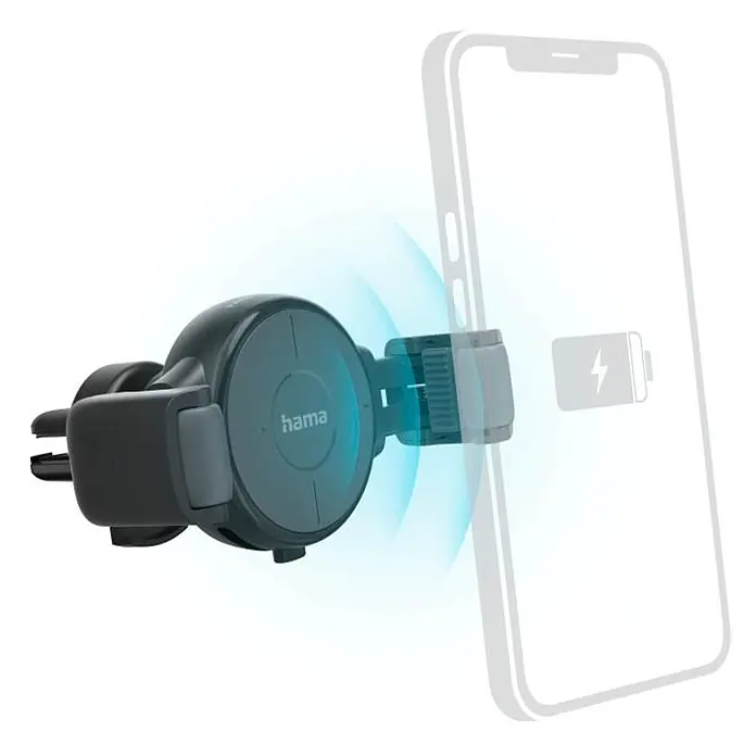 Hama Handyhalter 00201677 "FC10 Flex-Set" 10 W kabellos QI-Charge - Anthrazit - Dunkelgraue Autotelefonhalterung mit kabelloser Ladefunktion, hält eine Smartphone-Silhouette mit Ladezeichen.
