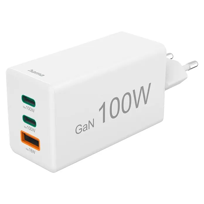 Hama Schnellladegerät 00201997 GaN 2x USB-C 1x USB-A Mini-Ladegerät PD 100 W - Weiß - Weißes GaN 100W Ladegerät mit zwei USB-C-Anschlüssen (je max. 100W) und einem USB-A-Anschluss (max. 18W).