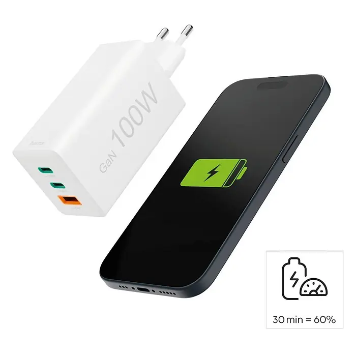 Hama Schnellladegerät 00201997 GaN 2x USB-C 1x USB-A Mini-Ladegerät PD 100 W - Weiß - Weißes GaN 100W Ladegerät mit drei Anschlüssen lädt ein dunkles Smartphone schnell auf.