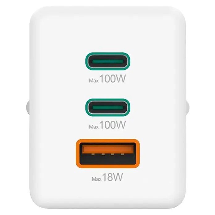 Hama Schnellladegerät 00201997 GaN 2x USB-C 1x USB-A Mini-Ladegerät PD 100 W - Weiß - Weißes Netzteil mit zwei 100W USB-C Anschlüssen und einem 18W USB-A Anschluss.