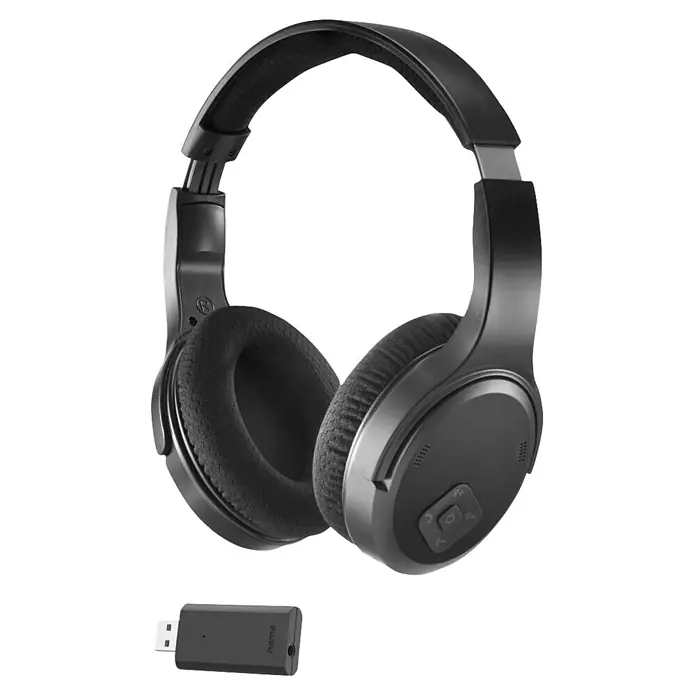 Hama Kopfhörer Over Ear Kabellos Funk Bluetooth Lautstärkeregelung TV - Schwarz - Schwarze Over-Ear-Kopfhörer mit weichen Ohrmuscheln und kleinem USB-Sender.