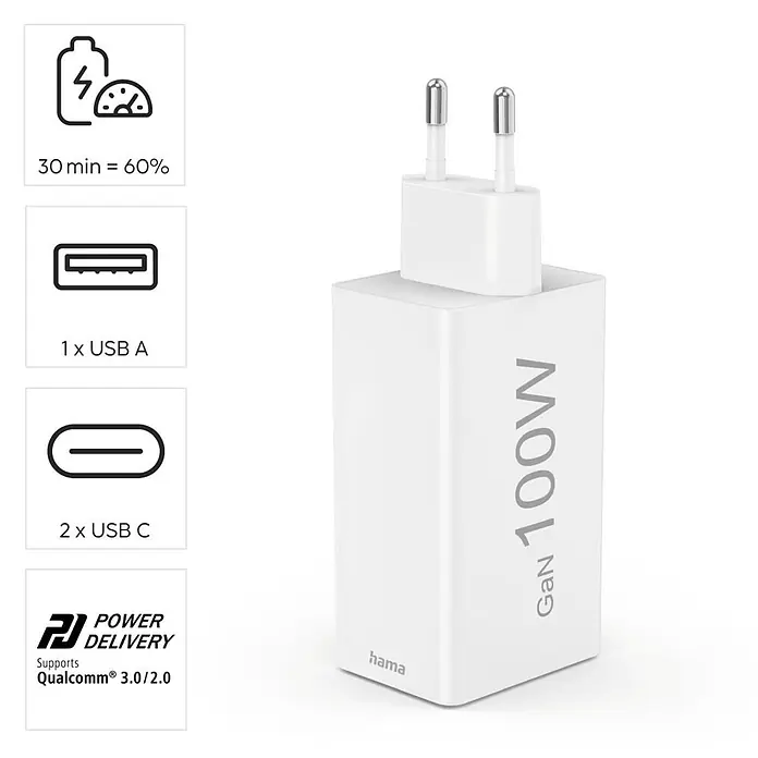 Hama Schnellladegerät 00201997 GaN 2x USB-C 1x USB-A Mini-Ladegerät PD 100 W - Weiß - Weißes GaN 100W Ladegerät mit 1 USB-A und 2 USB-C Anschlüssen, unterstützt Power Delivery und Qualcomm Quick Charge für schnelles Laden.