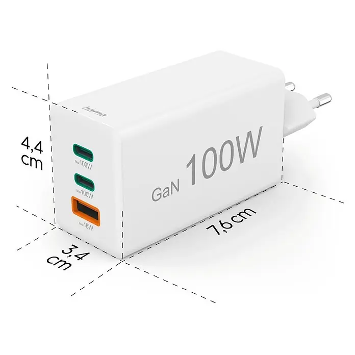 Hama Schnellladegerät 00201997 GaN 2x USB-C 1x USB-A Mini-Ladegerät PD 100 W - Weiß - Weißes GaN 100W Ladegerät mit zwei USB-C (100W) und einem USB-A (18W) Anschluss, Eurostecker. Maße: 4,4x3,4x7,6 cm.