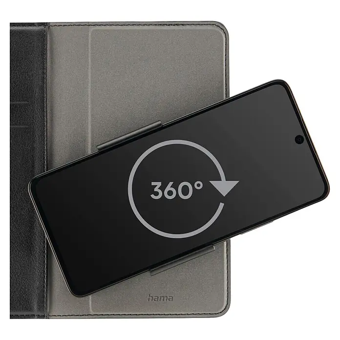Hama Smartphone-Tasche 00118894 Universal für Handygröße 80 x 170 cm 3 Fächer - Schwarz - Schwarzes Smartphone mit 360°-Symbol auf dem Bildschirm, gehalten von einer grauen Tablet-Hülle mit schwarzem Rücken.