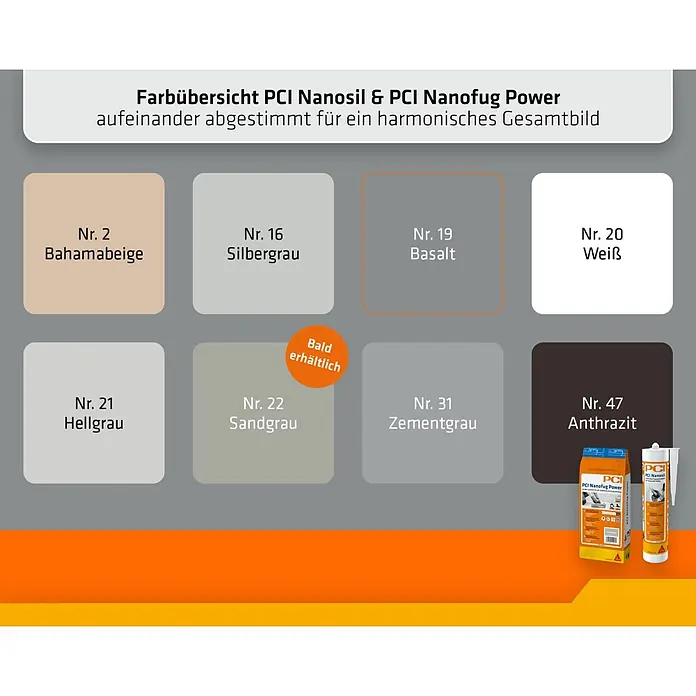 PCI Silikon Nanosil - Basalt, 300 ml - Farbübersicht PCI Nanosil & Nanofug Power: 8 harmonisierte Farbtöne (Bahamabeige, Grautöne, Weiß, Anthrazit). Sandgrau ist "bald erhältlich". Produkte zu sehen.