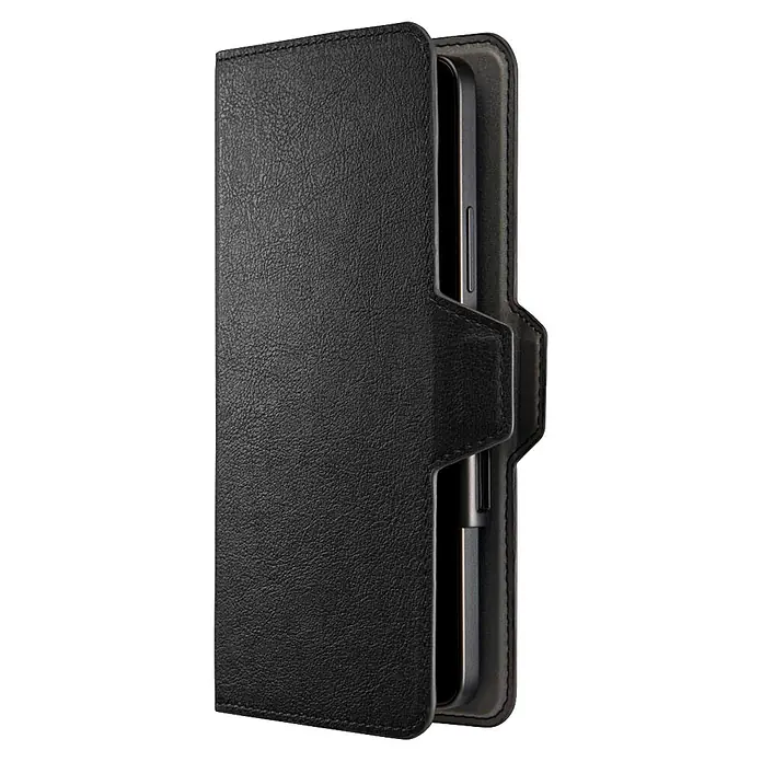 Hama Smartphone-Tasche 00118894 Universal für Handygröße 80 x 170 cm 3 Fächer - Schwarz - Schwarze strukturierte Handy-Brieftaschenhülle, teilweise geöffnet, mit Smartphone.