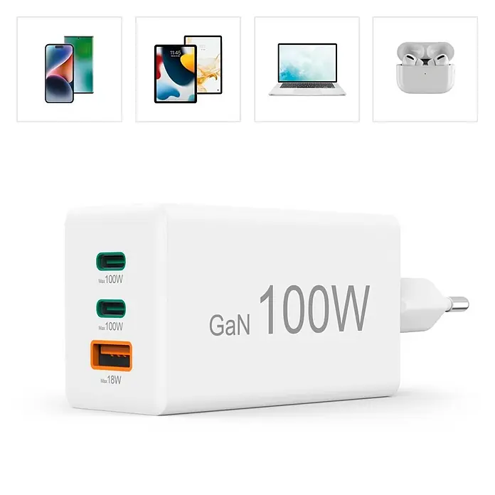 Hama Schnellladegerät 00201997 GaN 2x USB-C 1x USB-A Mini-Ladegerät PD 100 W - Weiß - Weißes GaN 100W Ladegerät mit zwei USB-C (100W) und einem USB-A (18W) Anschluss, für Handys, Tablets und Laptops.