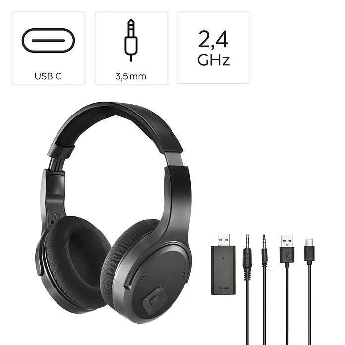 Hama Kopfhörer Over Ear Kabellos Funk Bluetooth Lautstärkeregelung TV - Schwarz - Schwarze kabellose Over-Ear-Kopfhörer mit USB-C-Kabel, 3,5-mm-Audiokabel und 2,4 GHz USB-Funkdongle.