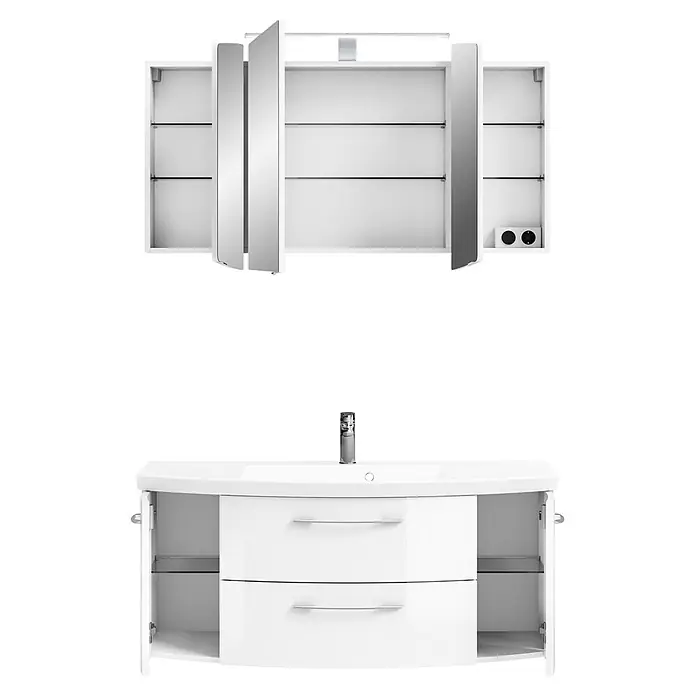 Pelipal Cassca Badmöbel-Set - Gesamtbreite Badmöbel: 121 cm, Weiß Hochglanz, Glänzend - Weißer Waschtischunterschrank mit Spüle und Armatur, dazu passender Spiegelschrank, beide mit offener Aufbewahrung.