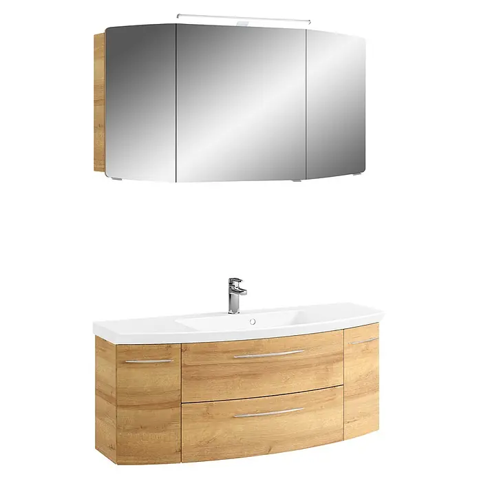 Pelipal Cassca Badmöbel-Set - Gesamtbreite Badmöbel: 121 cm, Riviera Eiche, Matt - Helles Holz-Badmöbel mit weißem Waschbecken und Chromarmatur, sowie Spiegelschrank mit Beleuchtung.