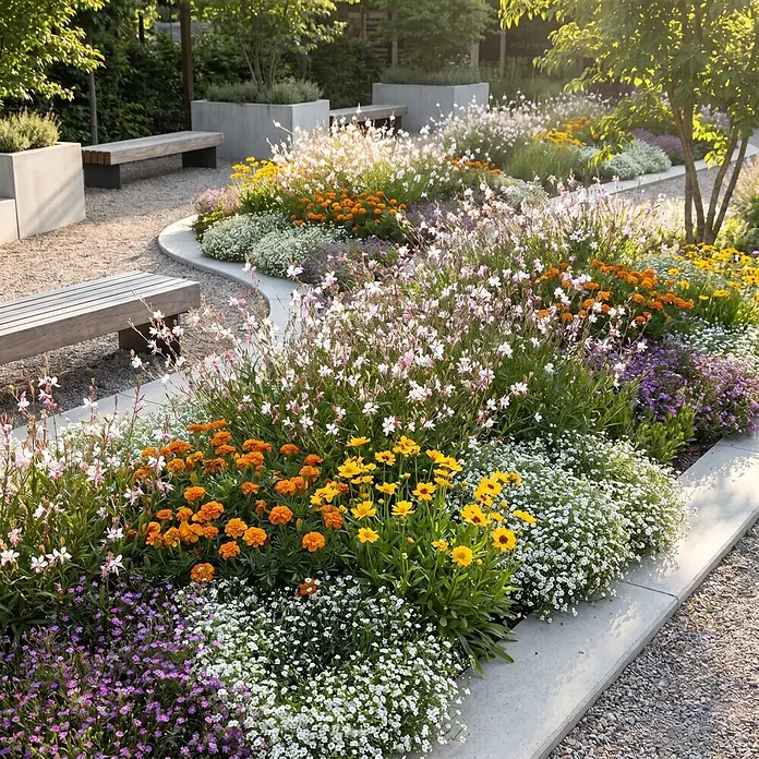 Piardino Stauden-Mix Sommerblütenzauber - Antirrhinum majus, Cosmea, Gypsophila muralis - Lebendiger Garten mit geschwungenem Kiesweg, bunten Blumen in Weiß, Rosa, Orange, Gelb, Violett und Betonbänken.