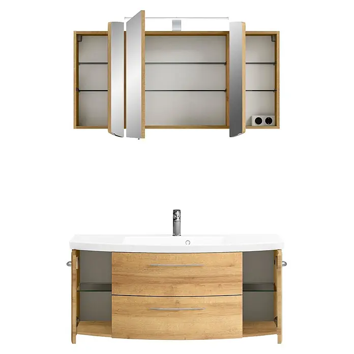 Pelipal Cassca Badmöbel-Set - Gesamtbreite Badmöbel: 121 cm, Riviera Eiche, Matt - Helles Badezimmermöbelset aus Holz: Spiegelschrank mit Beleuchtung & Steckdose, Waschtischunterschrank mit Schubladen & Regalen.