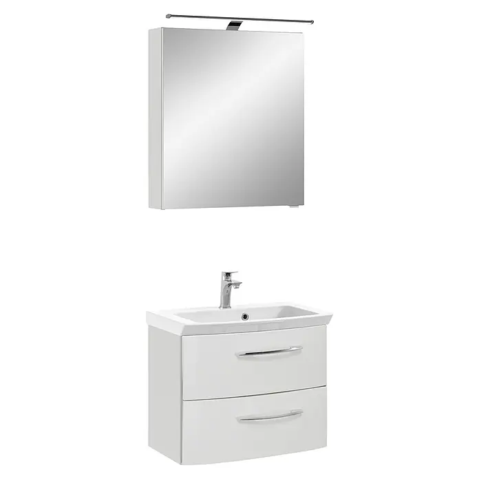 Pelipal Cassca Badmöbel-Set - Gesamtbreite Badmöbel: 62 cm, Weiß Hochglanz, Hochglänzend - Weißer Badunterschrank mit zwei Schubladen, integriertem Waschbecken und Wasserhahn, kombiniert mit einem passenden Spiegelschrank und Beleuchtung.