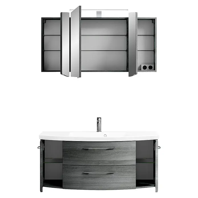 Pelipal Cassca Badmöbel-Set - Gesamtbreite Badmöbel: 121 cm, Graphit Struktur, Matt - Modernes Badezimmerset aus grauem Holz: Spiegelschrank mit Regalen und Waschtisch mit Schubladen und offenem Stauraum.