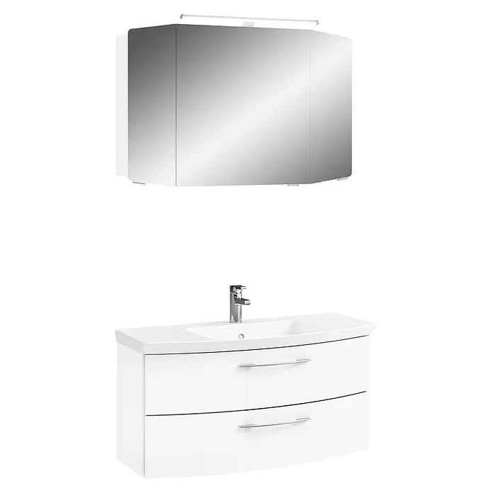 Pelipal Cassca Badmöbel-Set - Gesamtbreite Badmöbel: 101 cm, Weiß Hochglanz, Glänzend - Weißer Badunterschrank mit Waschbecken und Chromarmatur, dazu passender Spiegelschrank mit Lichtleiste.
