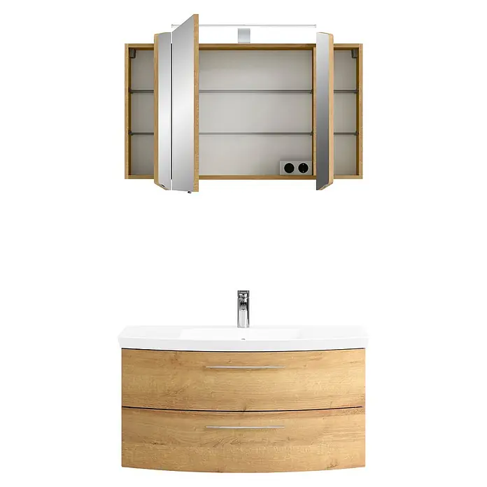 Pelipal Cassca Badmöbel-Set - Gesamtbreite Badmöbel: 101 cm, Riviera Eiche, Matt - Heller Holz-Badunterschrank mit weißem Waschbecken und passendem Spiegelschrank mit verspiegelten Türen und Innensteckdosen.