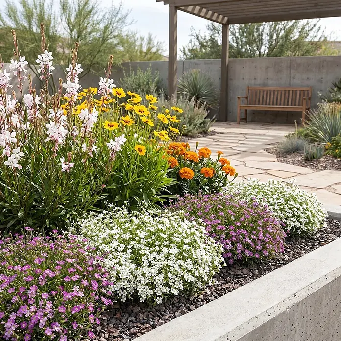 Piardino Stauden-Mix Sommerblütenzauber - Antirrhinum majus, Cosmea, Gypsophila muralis - Betongehobenes Gartenbeet mit bunten Blumen, in einem sonnigen Garten mit Steinterrasse und Holzpergola im Hintergrund.