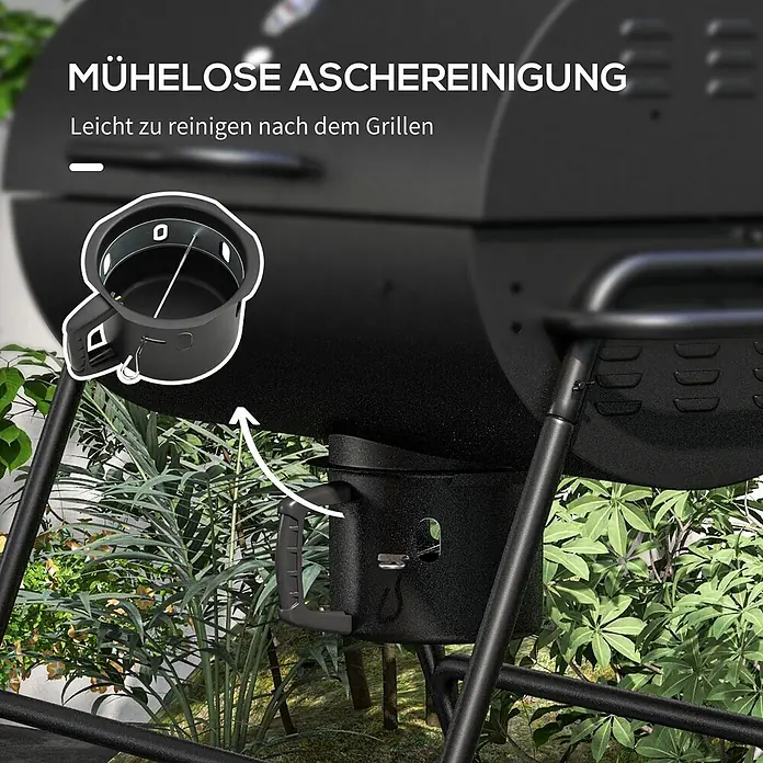 Outsunny Smoker -  - Schwarzer Grill mit hervorgehobenem Ascheauffangtopf, der die mühelose Aschereinigung zeigt.