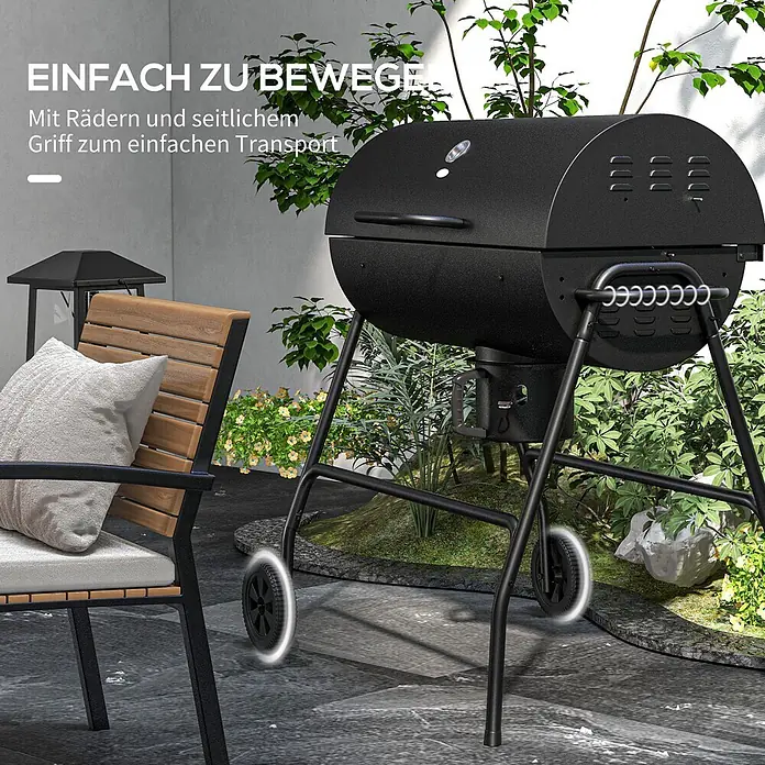 Outsunny Smoker -  - Schwarzer Grill mit Rädern und seitlichem Griff, auf einer Terrasse.
