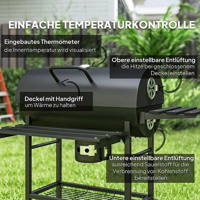 Outsunny Smoker -  - Ein schwarzer Metall-Grill mit Deckel, Thermometer und einstellbaren Lüftungsöffnungen, der seine Temperaturregelungsfunktionen hervorhebt.