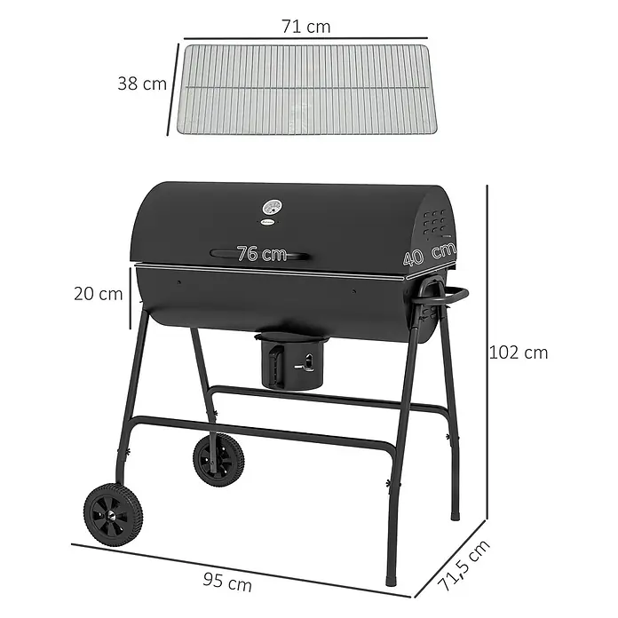 Outsunny Smoker -  - Schwarzer Fass-Holzkohlegrill mit Rädern und Grillrost.