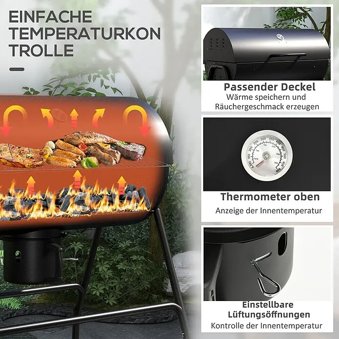 Outsunny Smoker -  - Schwarzer Holzkohlegrill mit Deckel, integriertem Thermometer und verstellbaren Lüftungsöffnungen. Essen wird über heißer Kohle im Garten zubereitet.