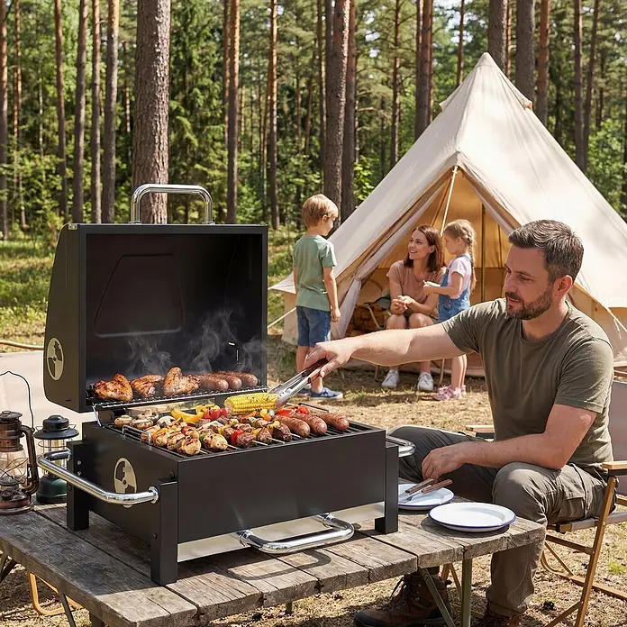 Outsunny Smoker -  - Schwarzer tragbarer Grill mit Chromgriffen, der für eine Familie auf einem Campingplatz Essen zubereitet.
