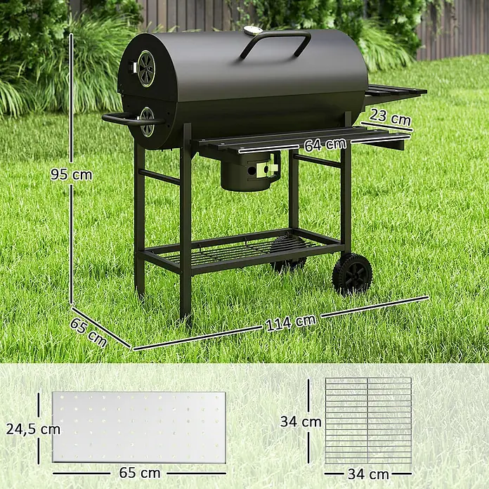 Outsunny Smoker -  - Schwarzer Metall-Fass-Holzkohlegrill mit Seitenablagen, Rädern und Maßen.