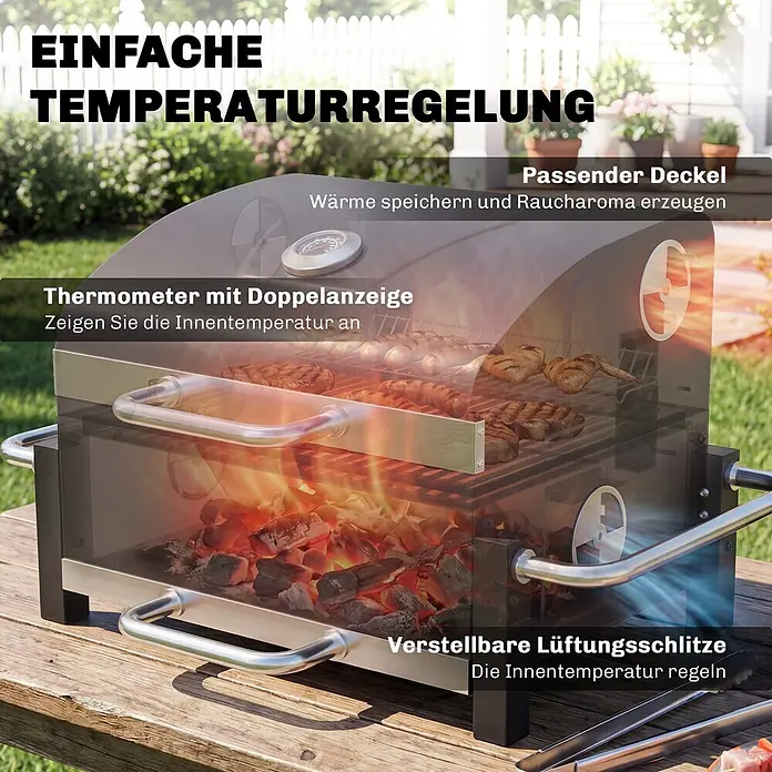 Outsunny Smoker -  - Ein schwarzer Holzkohlegrill mit transparenter Abdeckung und Thermometer, auf einem Holztisch, auf dem Fleisch gegrillt wird.